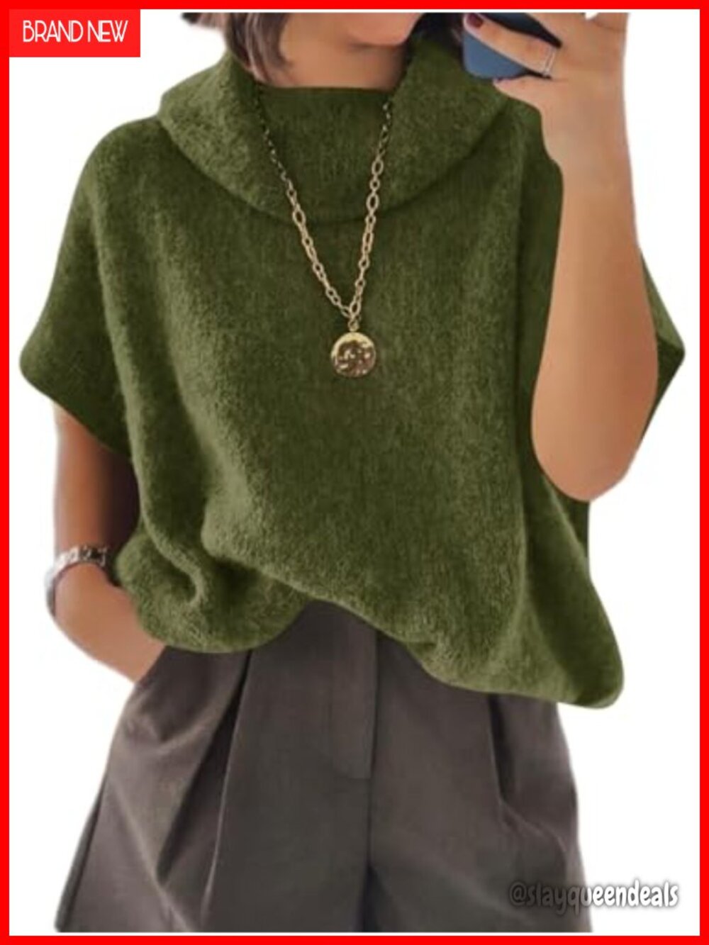 Oversized Turtleneck Sweater Short Sleeve Chunky Knit Pullover Batwing